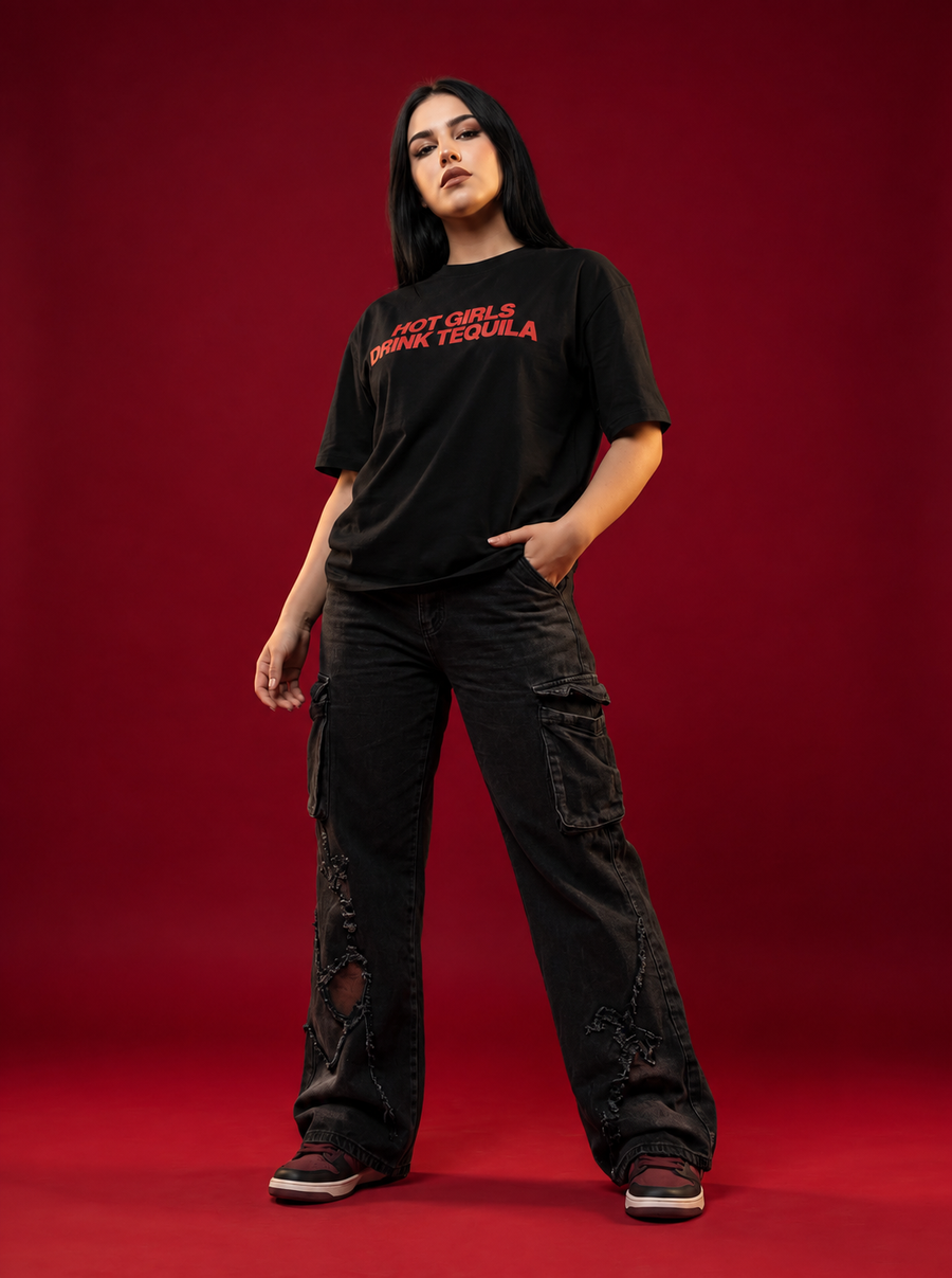 Hot Girls Drink Tequila Boxy T-Shirt — Black