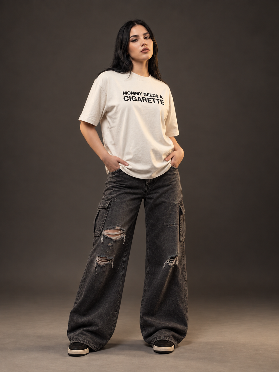 Mommy Needs a Cigarette Boxy T-Shirt — Cream