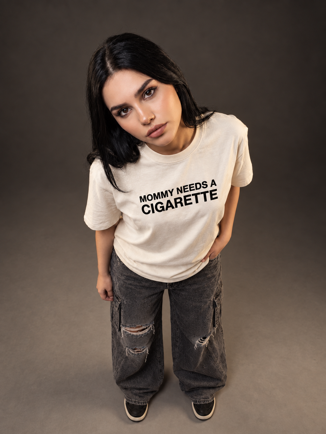 Mommy Needs a Cigarette Boxy T-Shirt — Cream